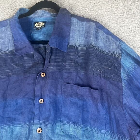Tommy Bahama Linen Shirt Mens XXL Blue Stripe Button Lightweight Camp Aloha
